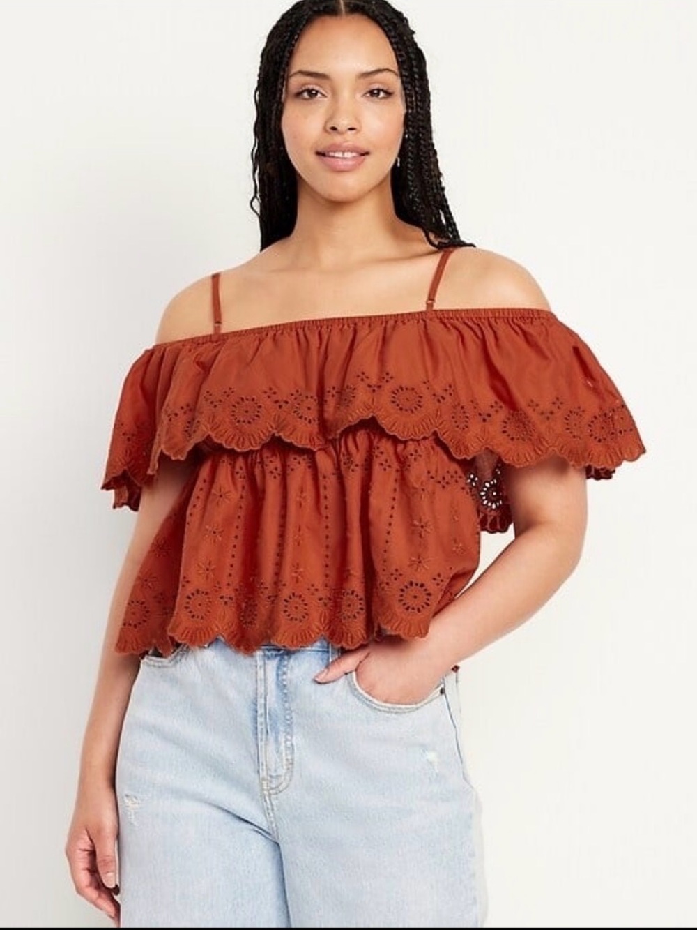 Old Navy Boho Off Shoulder Cutwork Top Red Amber Embroidered XL